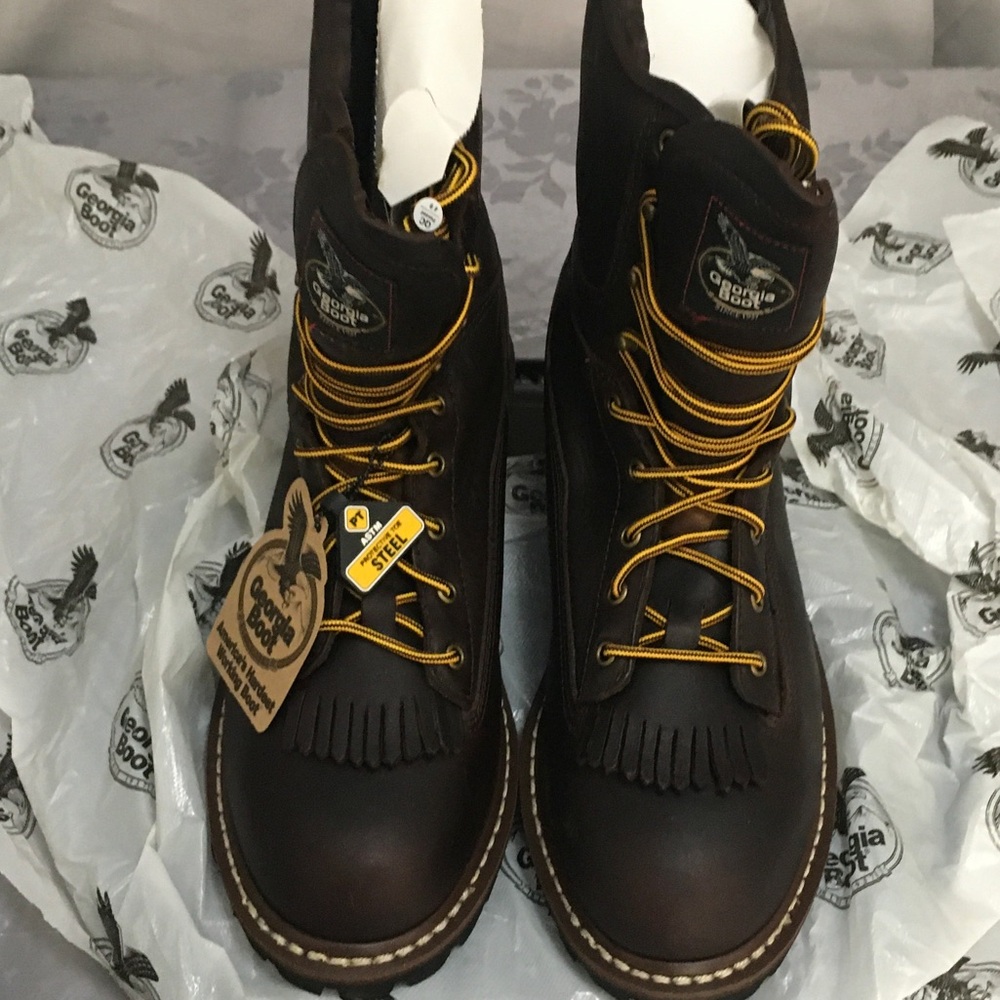 Georgia Boot Brown Work Boots with Yellow Laces